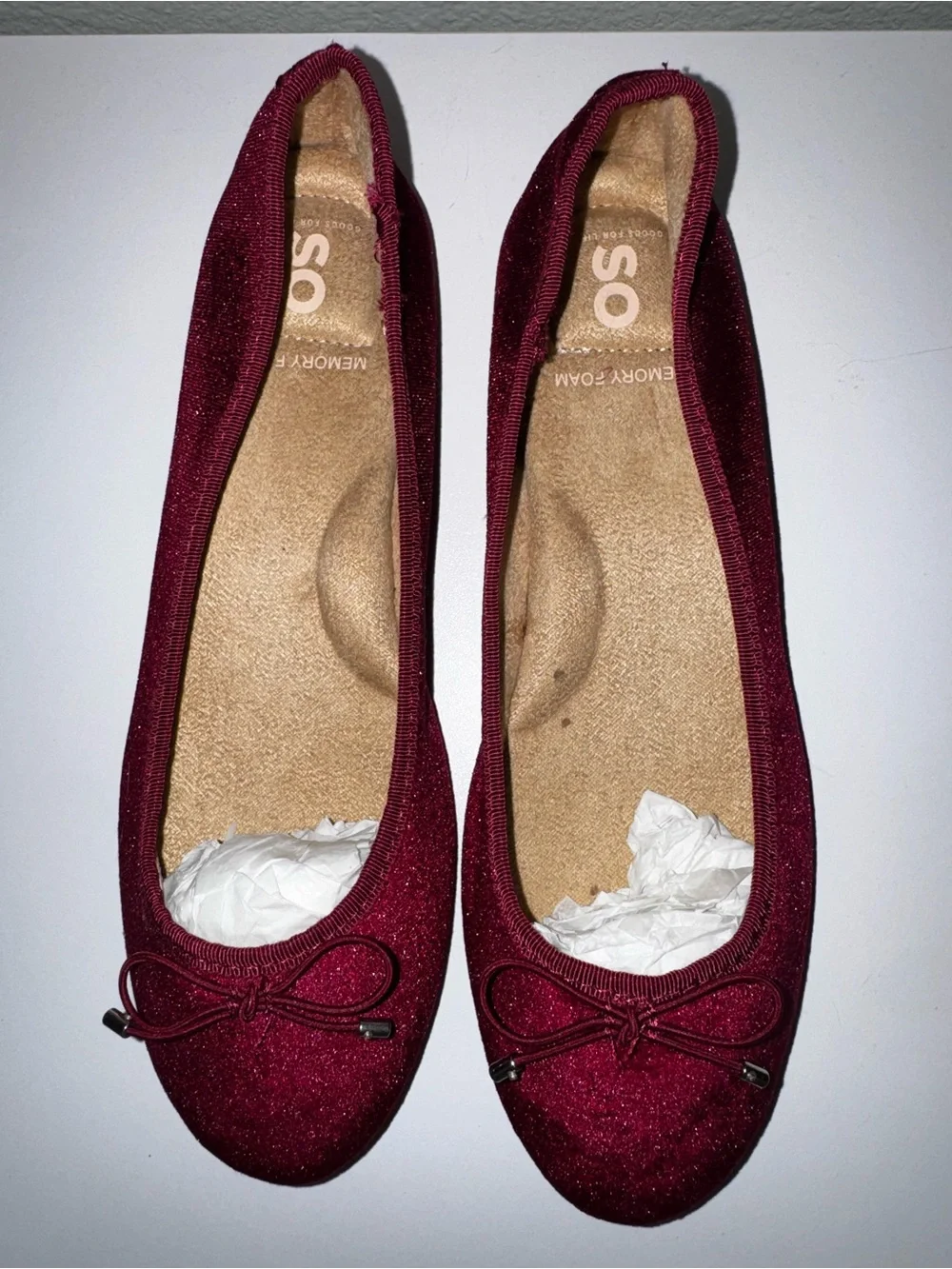SO Women's Sparkle Burgundy Ballet Flats with Bow